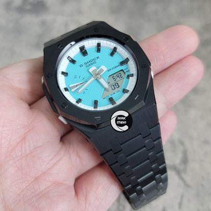 Casioak Mod Watch Black Case Metal Strap White Black Time Mark Tiffany Blue Dial 42mm - Casioak Studio