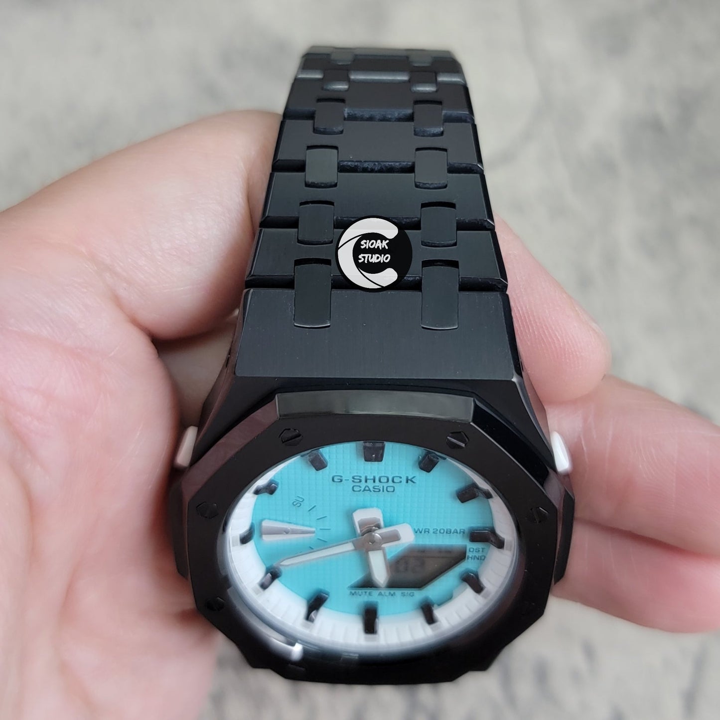 Casioak Mod Watch Black Case Metal Strap White Black Time Mark Tiffany Blue Dial 42mm - Casioak Studio