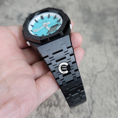 Casioak Mod Watch Black Case Metal Strap White Black Time Mark Tiffany Blue Dial 42mm - Casioak Studio