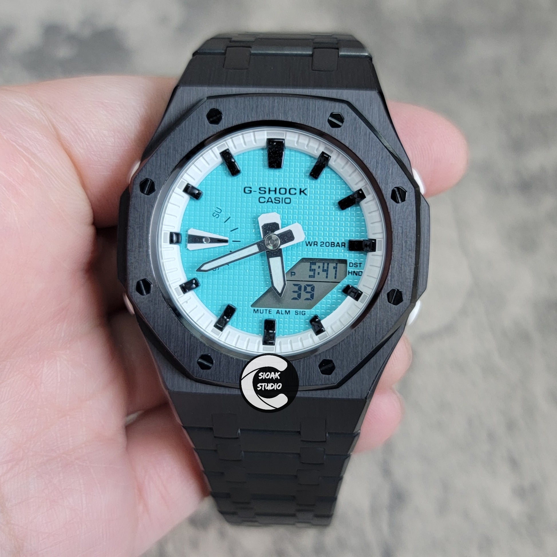 Casioak Mod Watch Black Case Metal Strap White Black Time Mark Tiffany Blue Dial 42mm - Casioak Studio