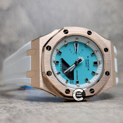 Casioak Mod Watch Rose Gold Case White Rubber Strap White Rose Gold Time Mark Tiffany Blue Dial 42mm - Casioak Studio