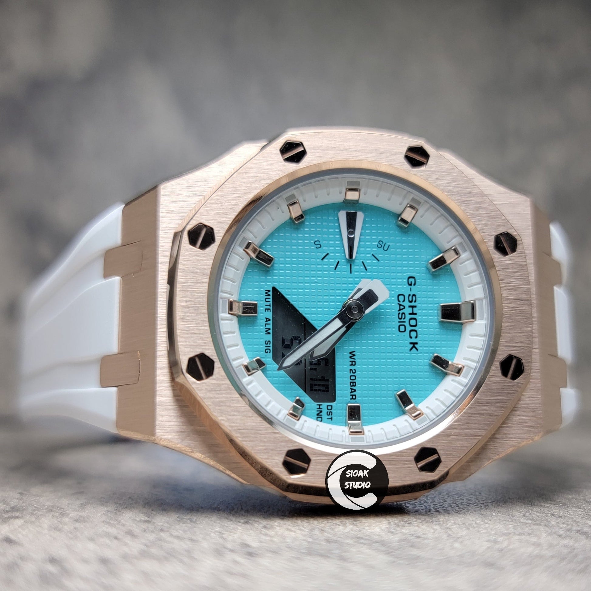 Casioak Mod Watch Rose Gold Case White Rubber Strap White Rose Gold Time Mark Tiffany Blue Dial 42mm - Casioak Studio