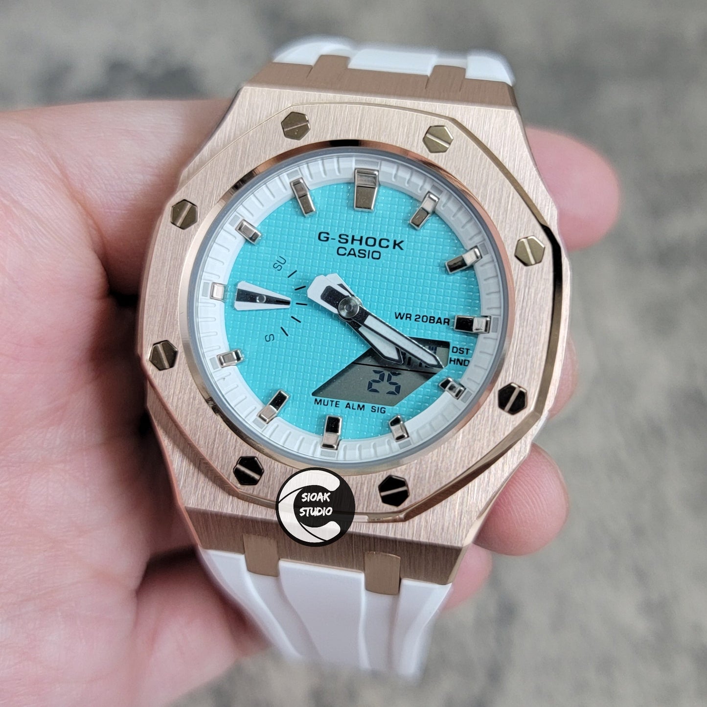 Casioak Mod Watch Rose Gold Case White Rubber Strap White Rose Gold Time Mark Tiffany Blue Dial 42mm - Casioak Studio