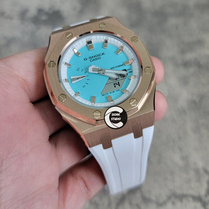 Casioak Mod Watch Rose Gold Case White Rubber Strap White Rose Gold Time Mark Tiffany Blue Dial 42mm - Casioak Studio