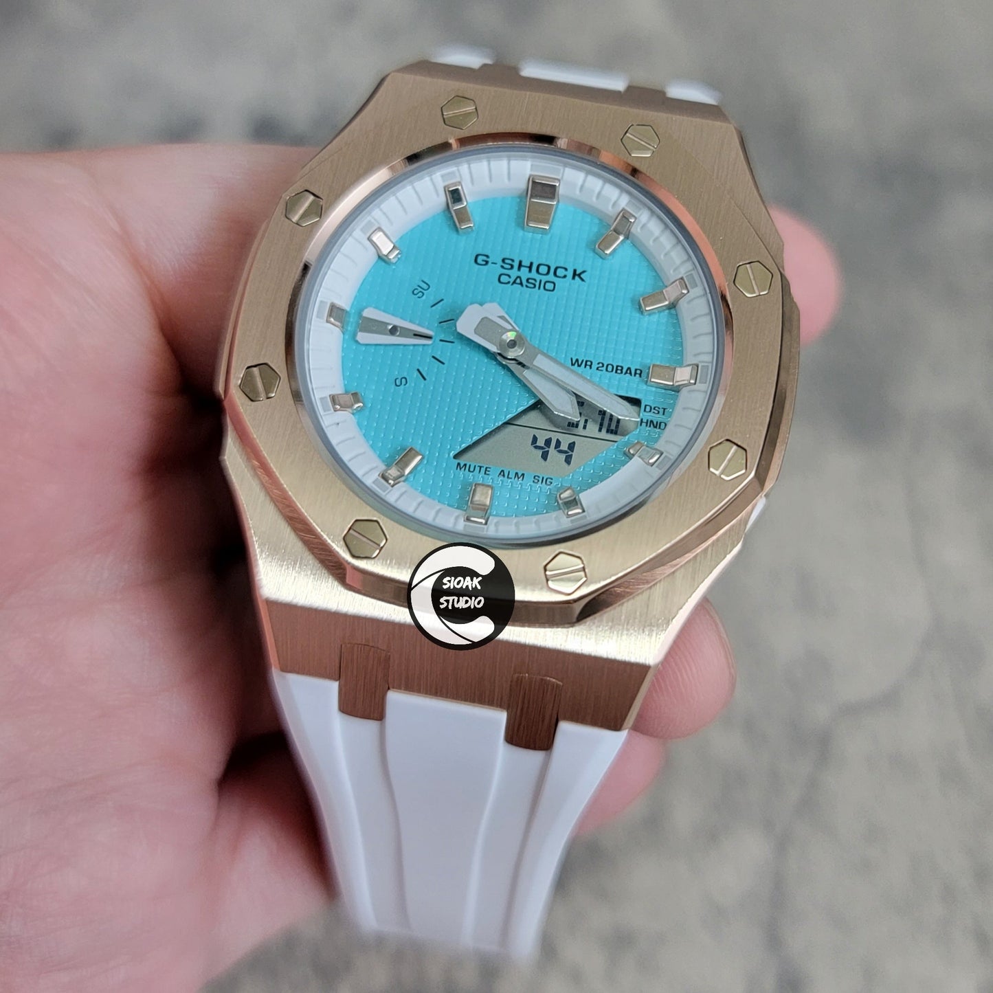 Casioak Mod Watch Rose Gold Case White Rubber Strap White Rose Gold Time Mark Tiffany Blue Dial 42mm - Casioak Studio