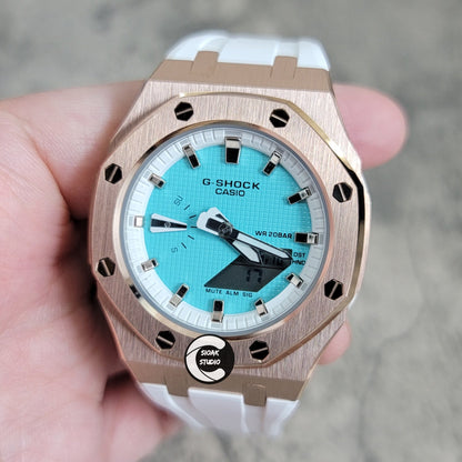 Casioak Mod Watch Rose Gold Case White Rubber Strap White Rose Gold Time Mark Tiffany Blue Dial 42mm - Casioak Studio