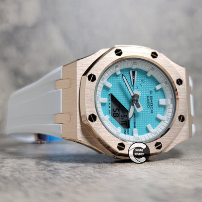 Casioak Mod Watch Rose Gold Case White Rubber Strap White Time Mark Tiffany Blue Dial 42mm - Casioak Studio