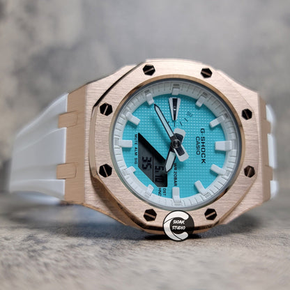 Casioak Mod Watch Rose Gold Case White Rubber Strap White Time Mark Tiffany Blue Dial 42mm - Casioak Studio