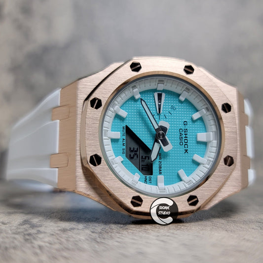 Casioak Mod Watch Rose Gold Case White Rubber Strap White Time Mark Tiffany Blue Dial 42mm - Casioak Studio