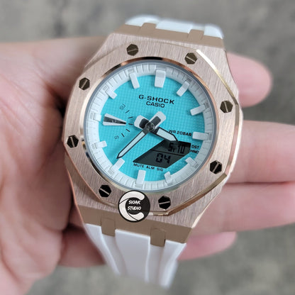 Casioak Mod Watch Rose Gold Case White Rubber Strap White Time Mark Tiffany Blue Dial 42mm - Casioak Studio