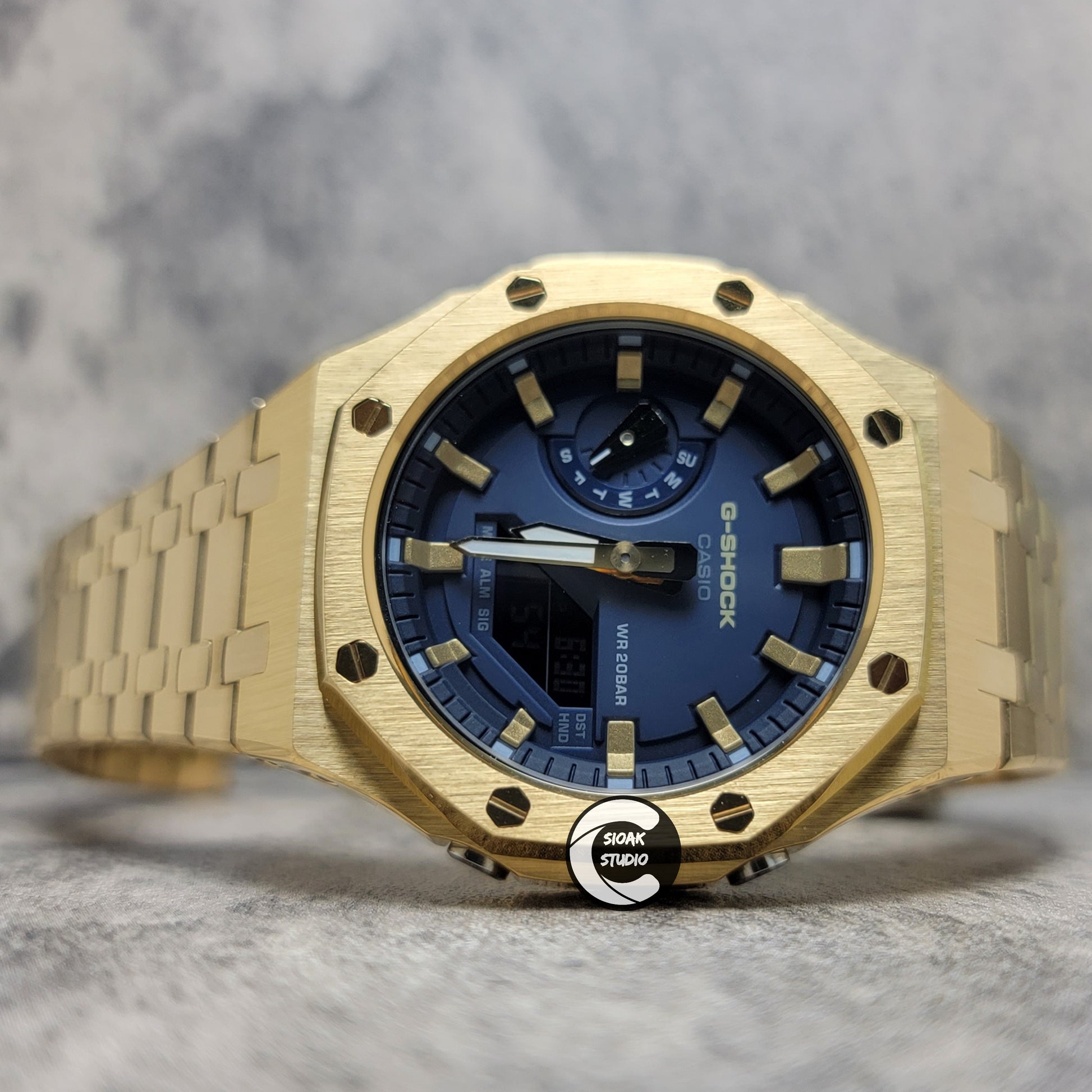 Casioak Mod Watch Gold Case Metal Strap Black Gold Time Mark Blue Dial 44mm - Casioak Studio