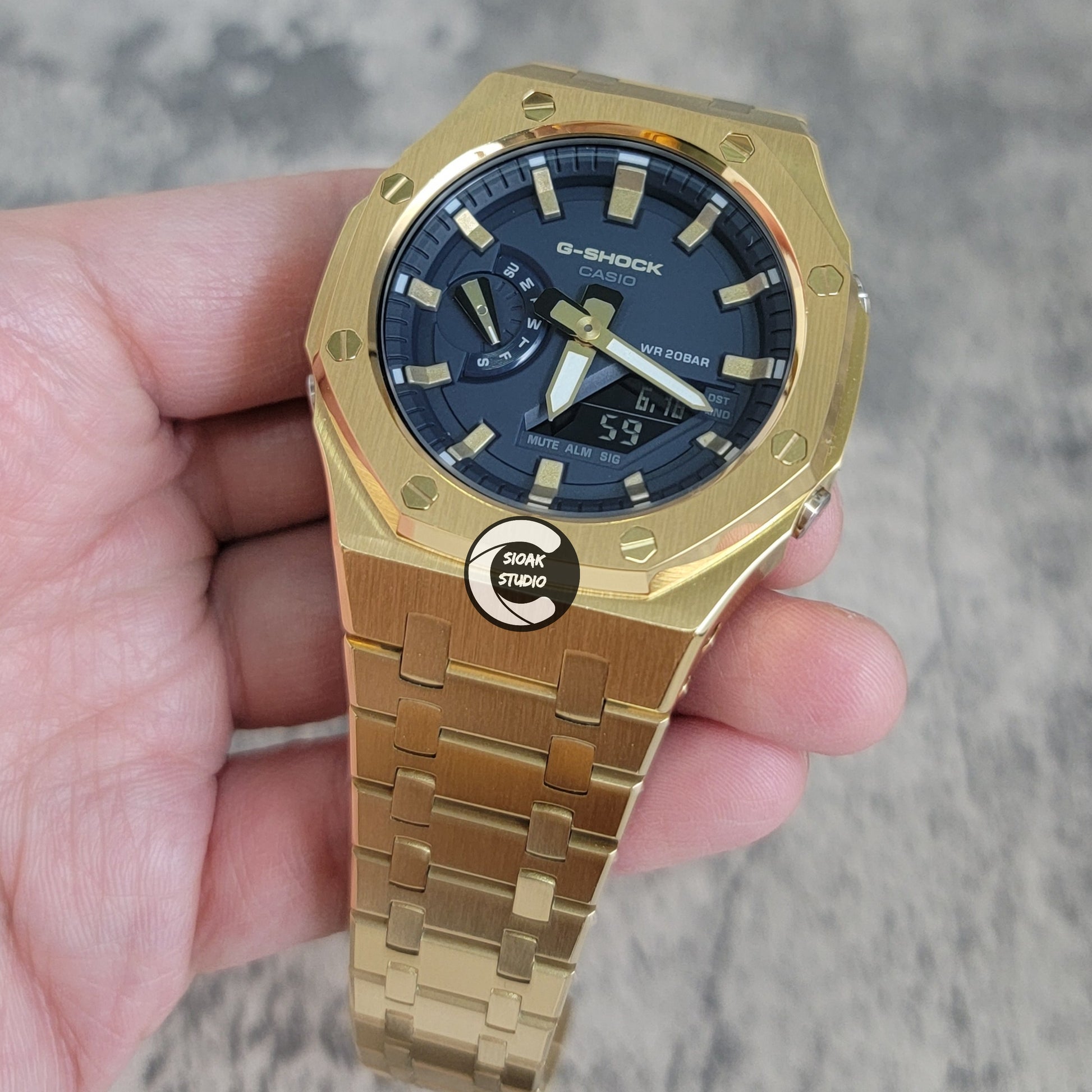 Casioak Mod Watch Gold Case Metal Strap Black Gold Time Mark Blue Dial 44mm - Casioak Studio