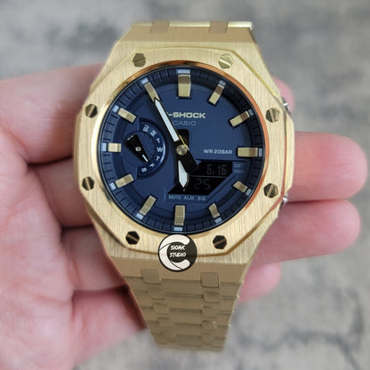 Casioak Mod Watch Gold Case Metal Strap Black Gold Time Mark Blue Dial 44mm - Casioak Studio