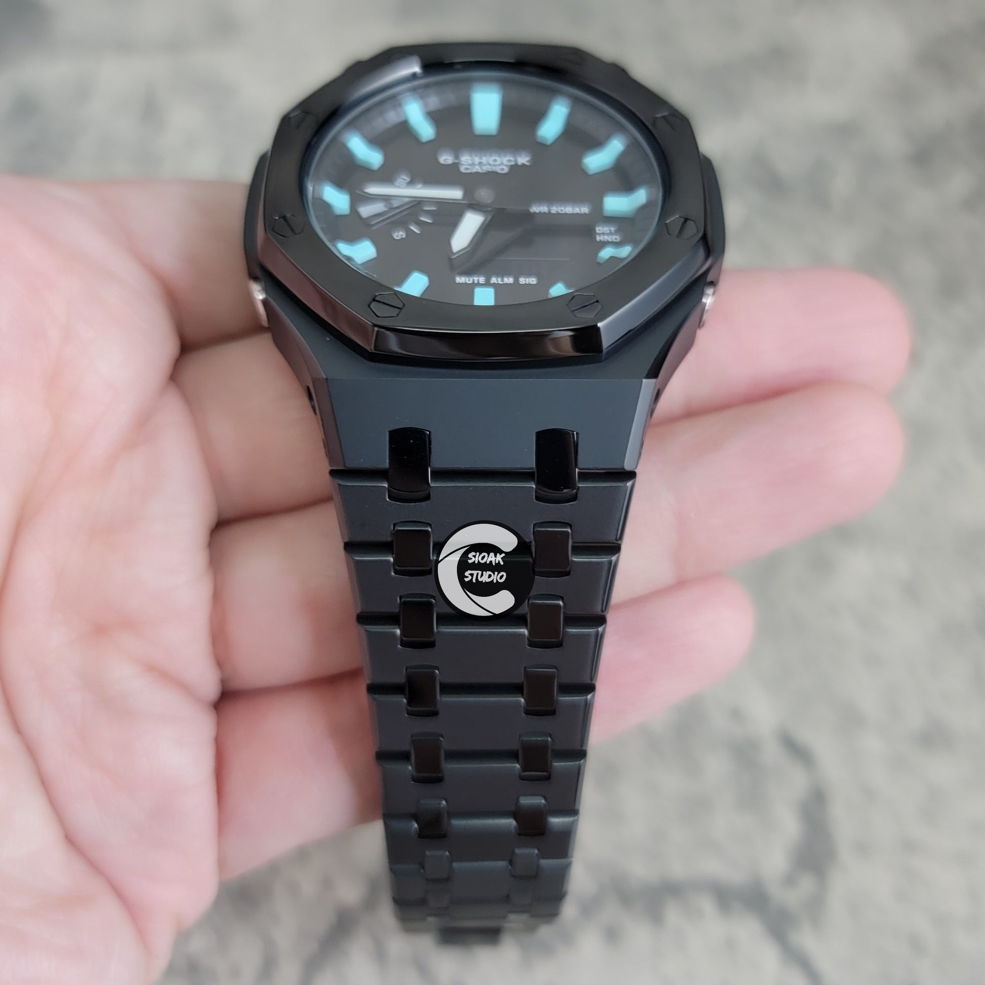 Casioak Mod Watch Polished Black Case Metal Strap Silver Time Mark Blue Dial 44mm - Casioak Studio