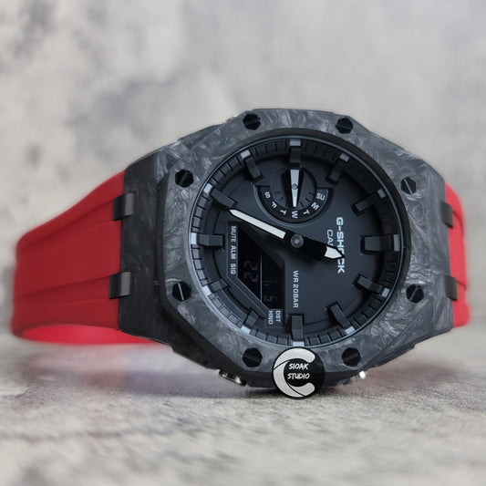 Casioak Mod Watch Carbon Fiber Offshore Superior Black Case Red Strap Black Time Mark Black Dial 44mm