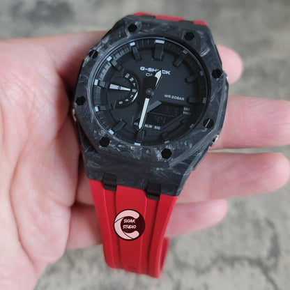 Casioak Mod Watch Carbon Fiber Offshore Superior Black Case Red Strap Black Time Mark Black Dial 44mm - Casioak Studio
