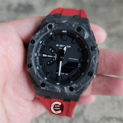 Casioak Mod Watch Carbon Fiber Offshore Superior Black Case Red Strap Black Time Mark Black Dial 44mm - Casioak Studio