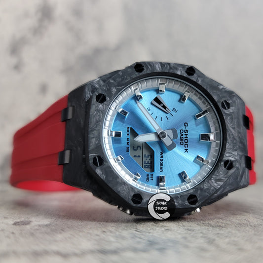Casioak Mod Watch Carbon Fiber Offshore Superior Black Case Red Strap Silver Time Mark Blue Dial 44mm