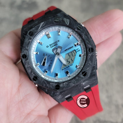Casioak Mod Watch Carbon Fiber Offshore Superior Black Case Red Strap Silver Time Mark Blue Dial 44mm - Casioak Studio