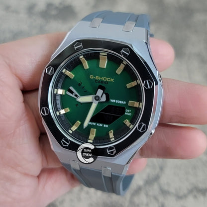 Casioak Mod Watch Polished Silver Case Gray Strap Black Gold Time Mark Green Dial 44mm - Casioak Studio