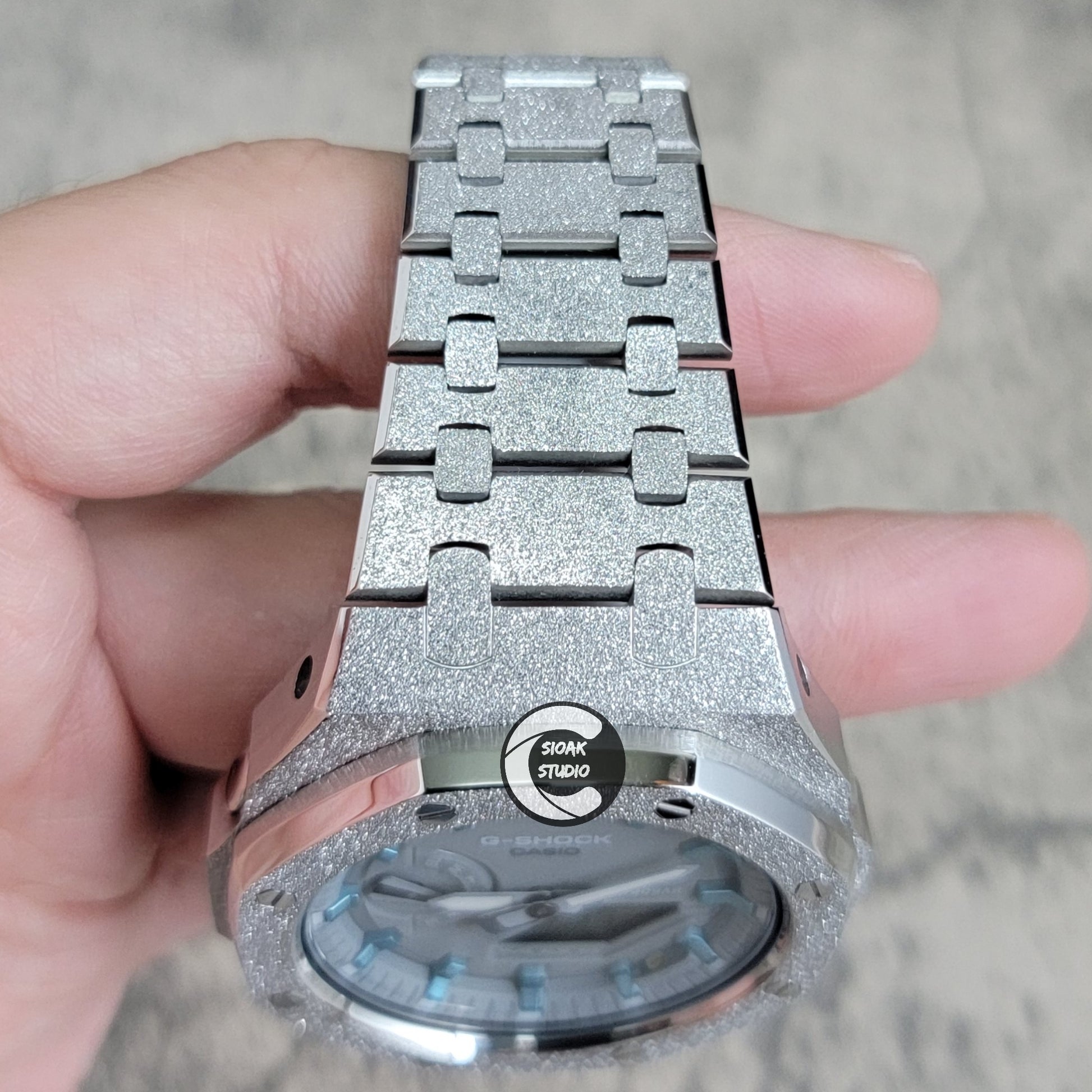 Casioak Mod Watch Frosted Silver Case Metal Strap Gray Blue Time Mark Gray Dial 44mm - Casioak Studio