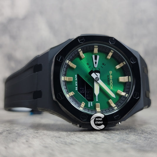 Casioak Mod Watch Polished Black Case Black Strap Black Gold Time Mark Green Dial 44mm