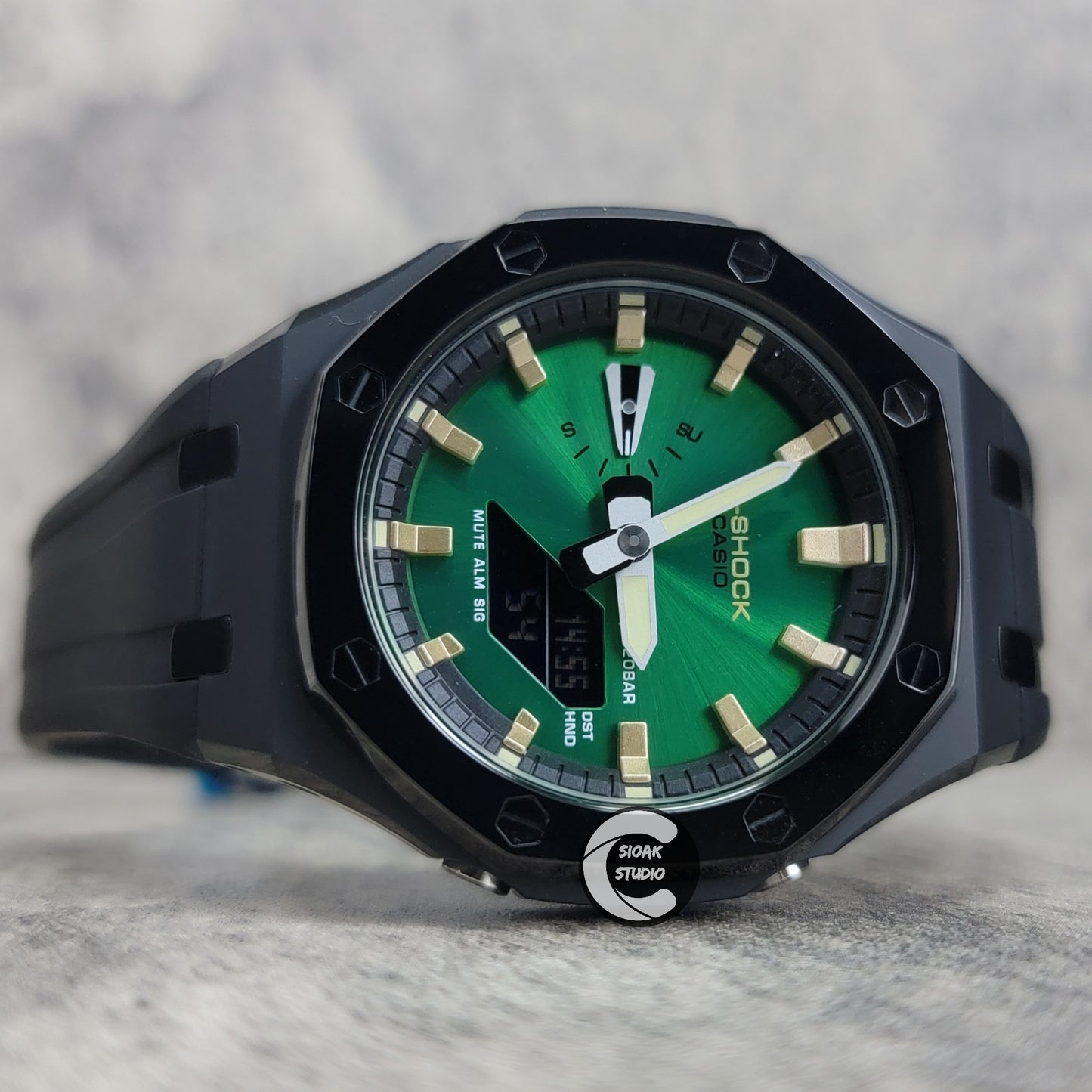 Casioak Mod Watch Polished Black Case Black Strap Black Gold Time Mark Green Dial 44mm - Casioak Studio