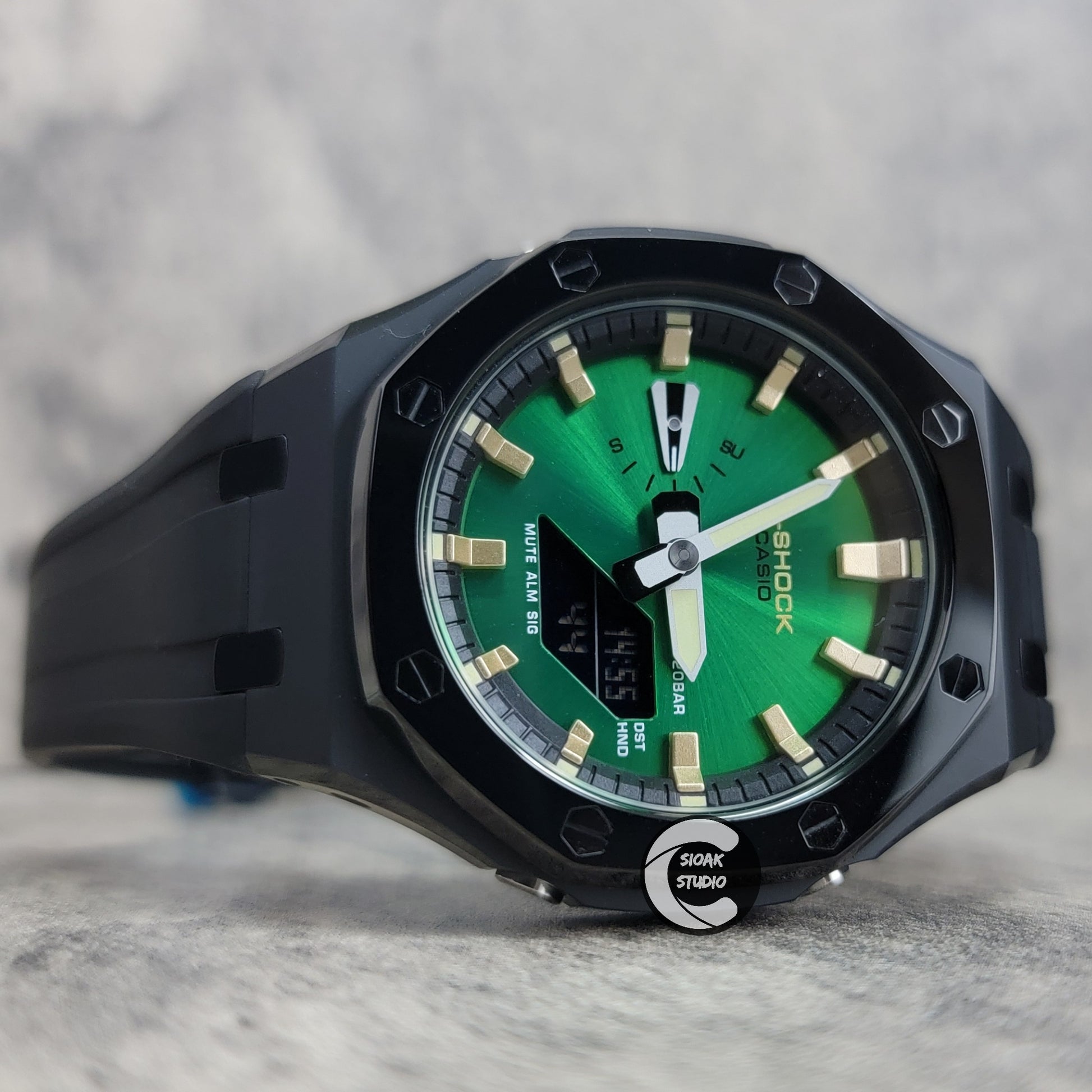 Casioak Mod Watch Polished Black Case Black Strap Black Gold Time Mark Green Dial 44mm - Casioak Studio