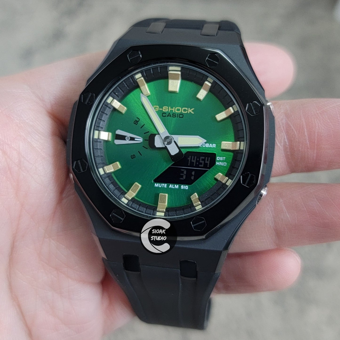 Casioak Mod Watch Polished Black Case Black Strap Black Gold Time Mark Green Dial 44mm - Casioak Studio