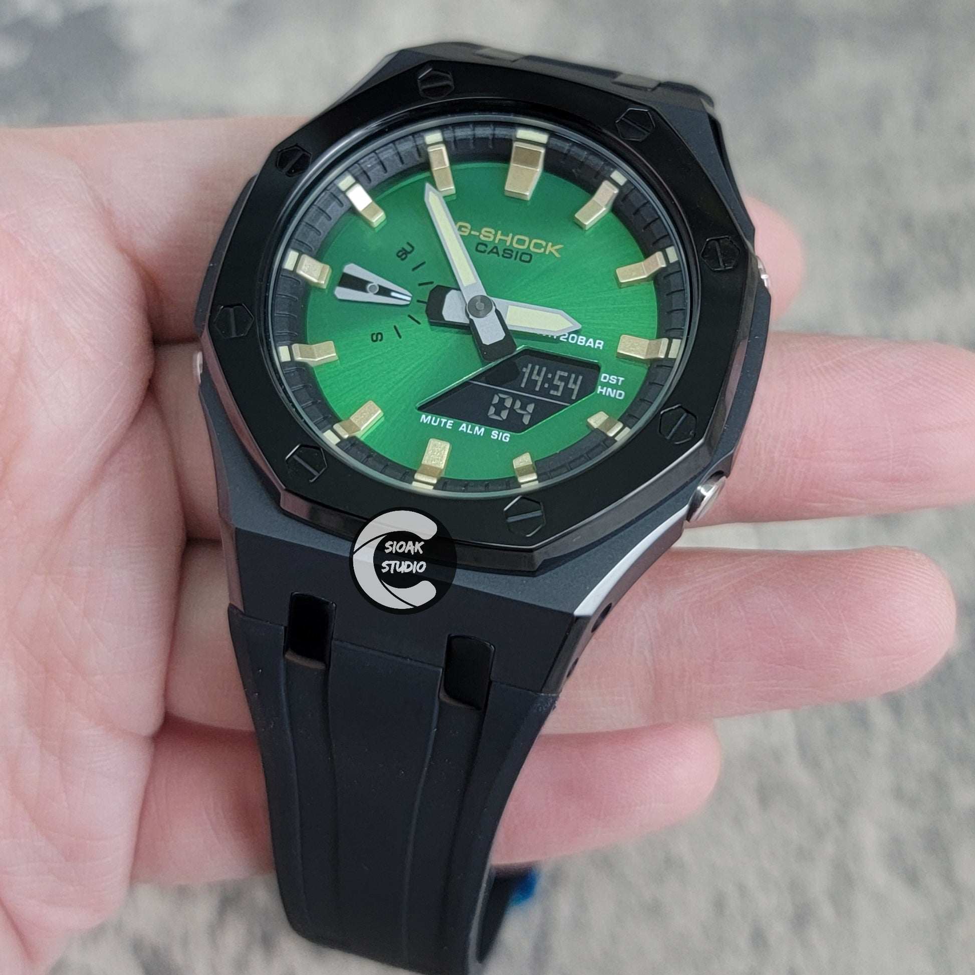 Casioak Mod Watch Polished Black Case Black Strap Black Gold Time Mark Green Dial 44mm - Casioak Studio