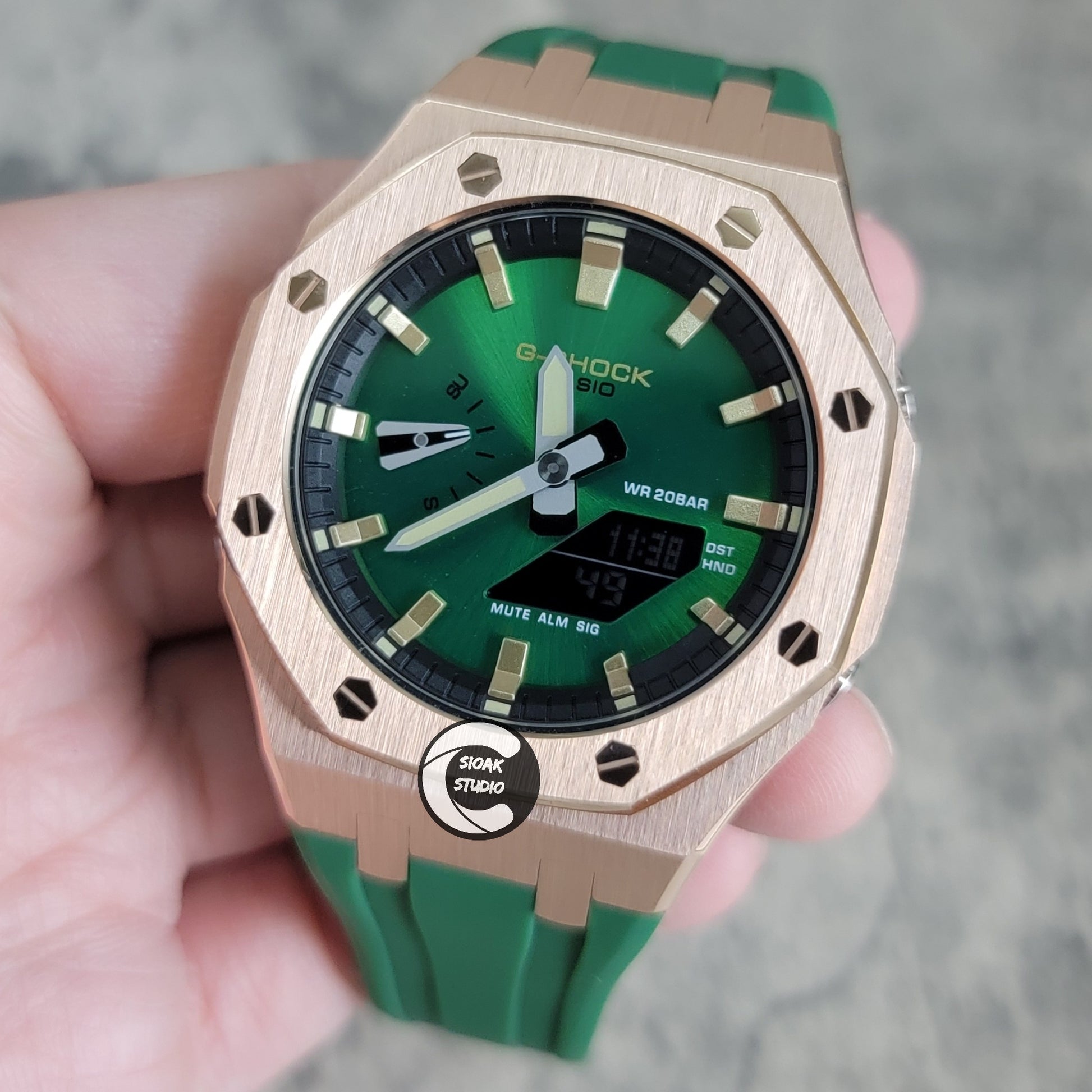 Casioak Mod Watch Black Case Green Rubber Strap Black Gold Time Mark Green Dial 44mm - Casioak Studio