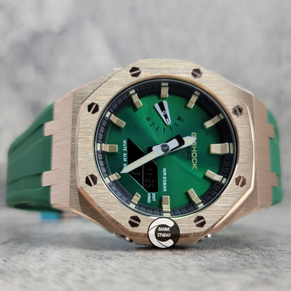 Casioak Mod Watch Black Case Green Rubber Strap Black Gold Time Mark Green Dial 44mm - Casioak Studio