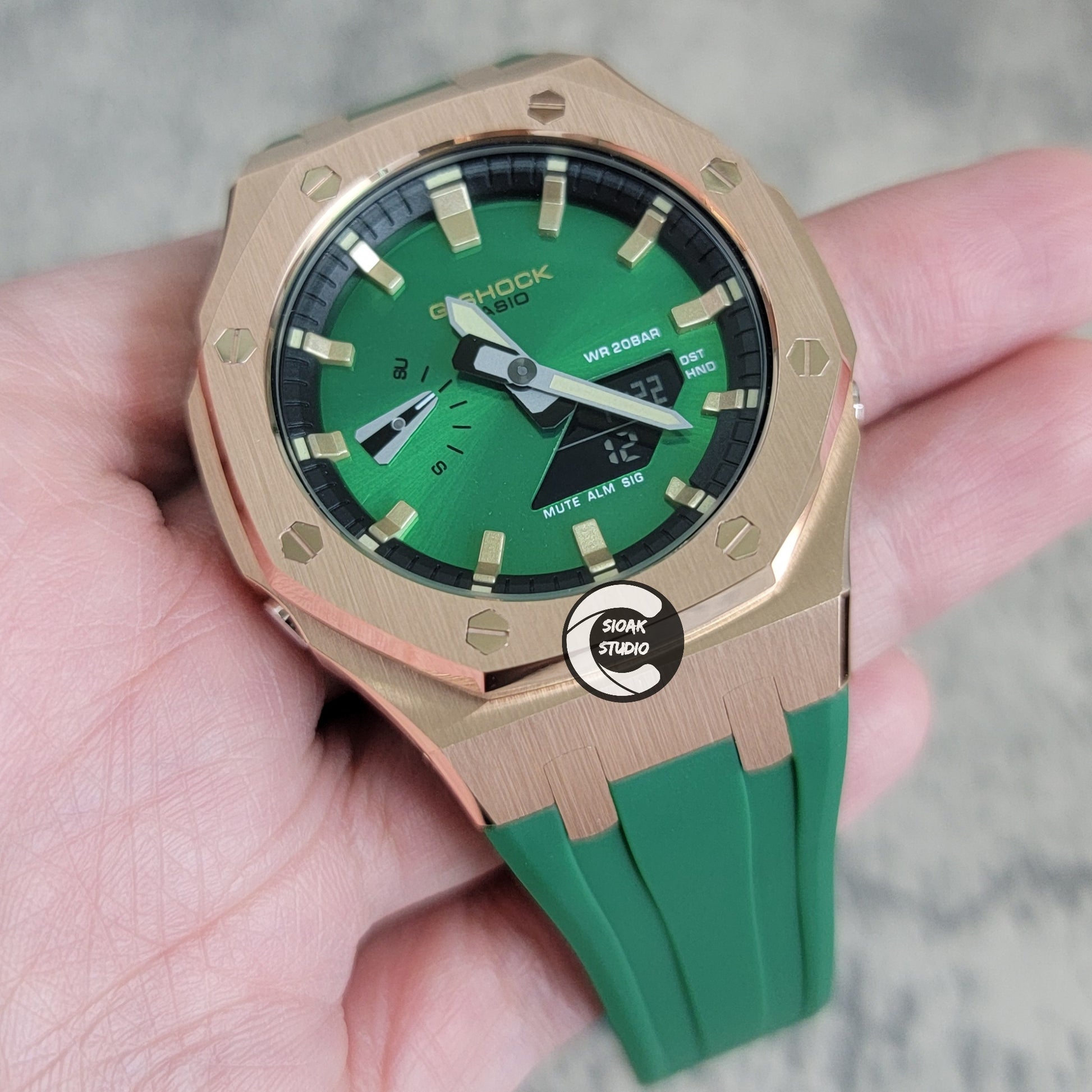 Casioak Mod Watch Black Case Green Rubber Strap Black Gold Time Mark Green Dial 44mm - Casioak Studio