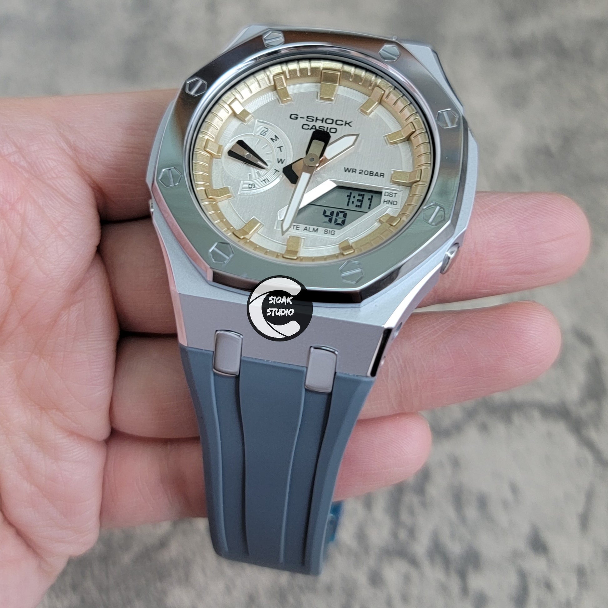 Casioak Mod Watch Polished Grey Case Gray Rubber Strap Gold Time Mark Silver Dial 44mm - Casioak Studio