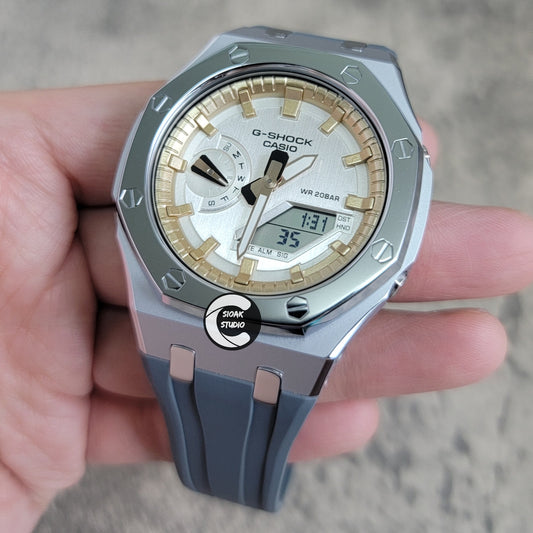 Casioak Mod Watch Polished Grey Case Gray Rubber Strap Gold Time Mark Silver Dial 44mm - Casioak Studio