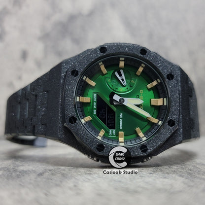 Casioak Mod Watch Frosted Black Case Metal Strap Green Gold Time Mark Green Dial 44mm - Casioak Studio