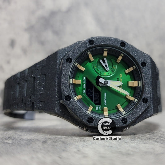 Casioak Mod Watch Frosted Black Case Metal Strap Green Gold Time Mark Green Dial 44mm