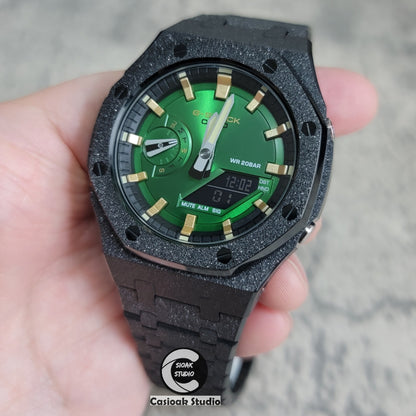 Casioak Mod Watch Frosted Black Case Metal Strap Green Gold Time Mark Green Dial 44mm - Casioak Studio