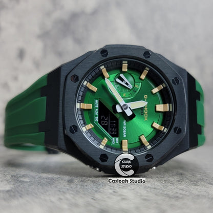 Casioak Mod Watch Black Case Green Rubber Strap Black Silver Time Mark Green Dial 44mm - Casioak Studio