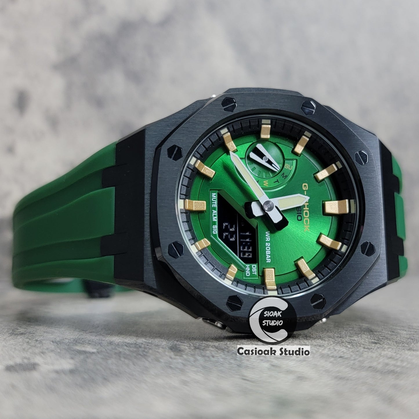 Casioak Mod Watch Black Case Green Rubber Strap Black Gold Time Mark Green Dial 44mm - Casioak Studio