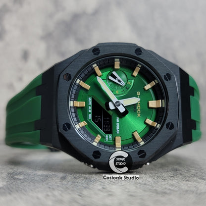 Casioak Mod Watch Black Case Green Rubber Strap Black Gold Time Mark Green Dial 44mm - Casioak Studio