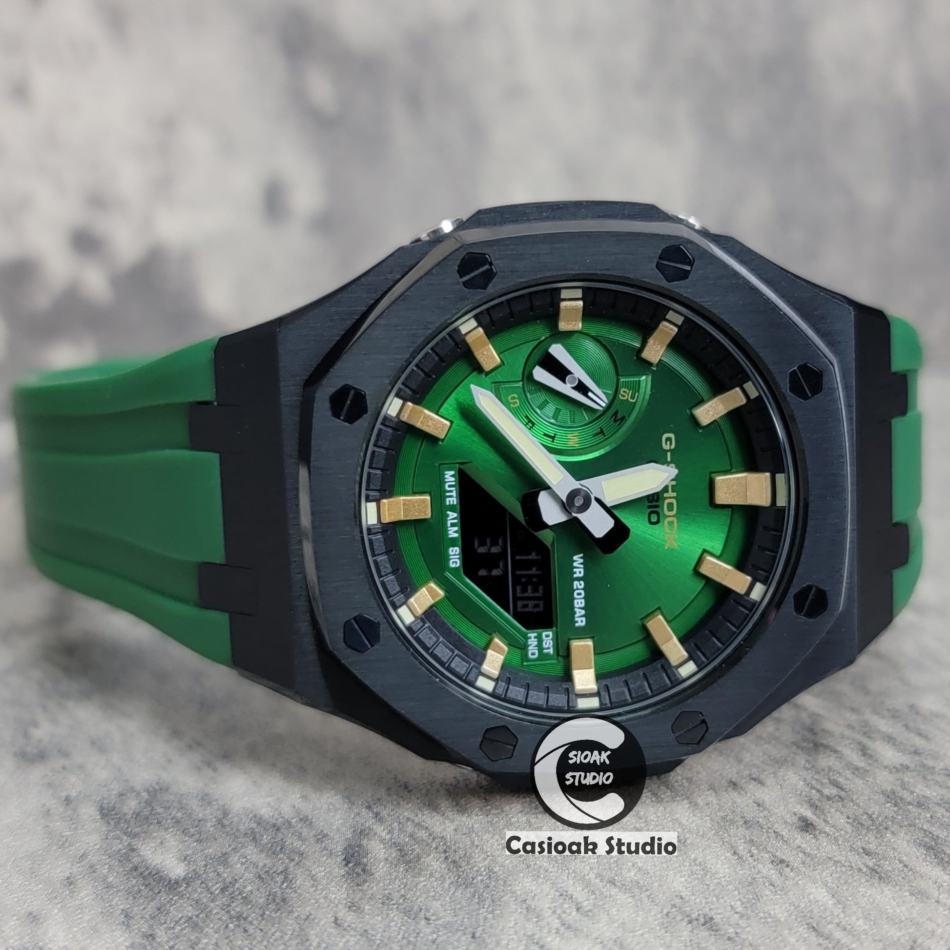 Casioak Mod Watch Black Case Green Rubber Strap Black Gold Time Mark Green Dial 44mm - Casioak Studio