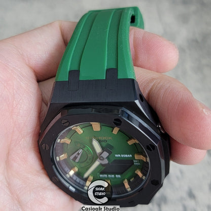 Casioak Mod Watch Black Case Green Rubber Strap Black Gold Time Mark Green Dial 44mm - Casioak Studio