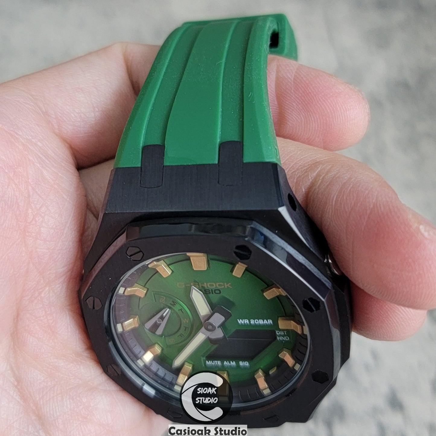 Casioak Mod Watch Black Case Green Rubber Strap Black Silver Time Mark Green Dial 44mm - Casioak Studio