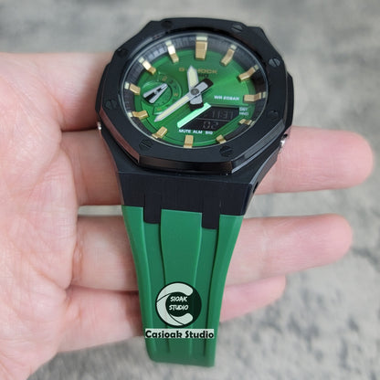 Casioak Mod Watch Black Case Green Rubber Strap Black Gold Time Mark Green Dial 44mm - Casioak Studio