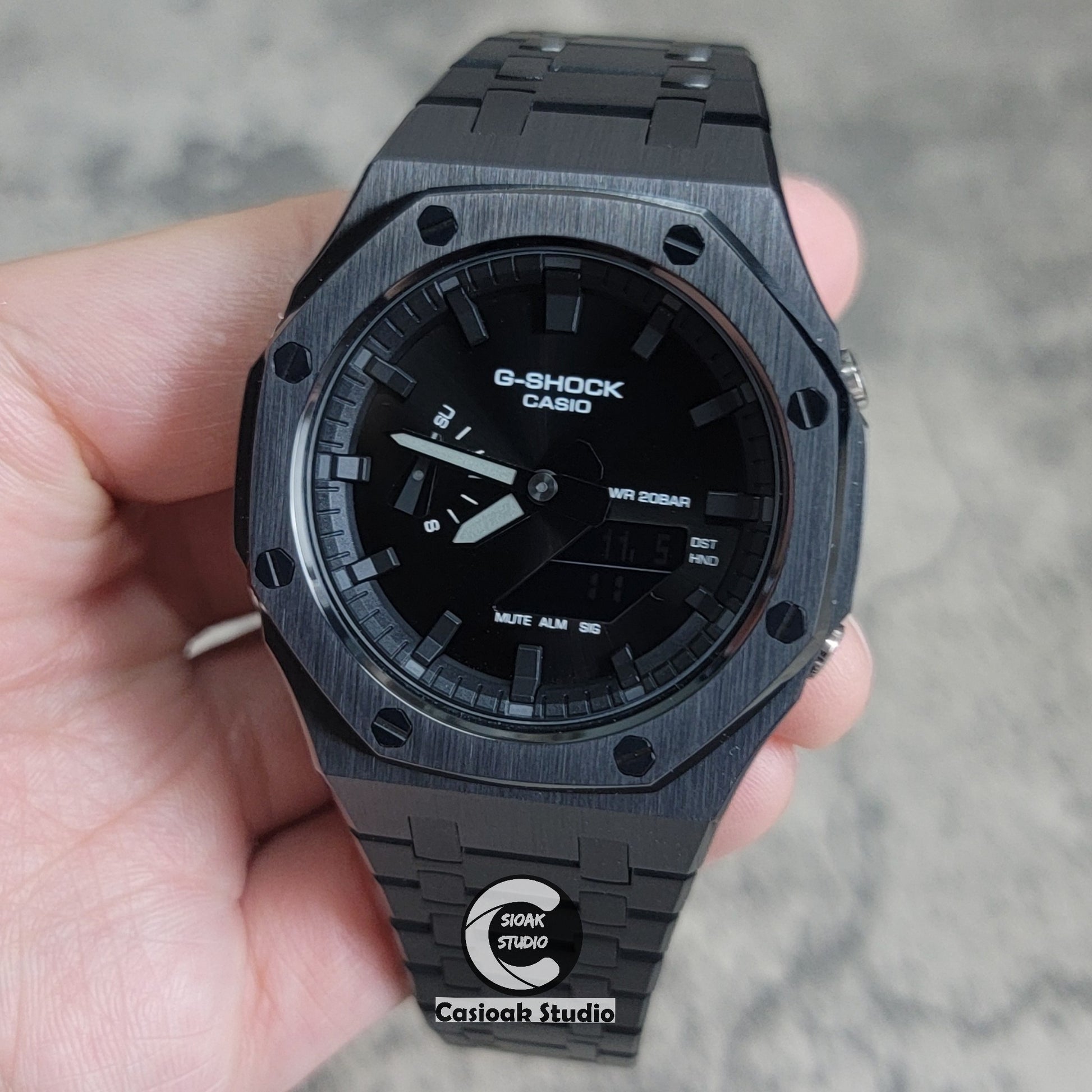 Casioak Mod Watch Black Case Metal Strap Black Time Mark Black Dial 44mm - Casioak Studio