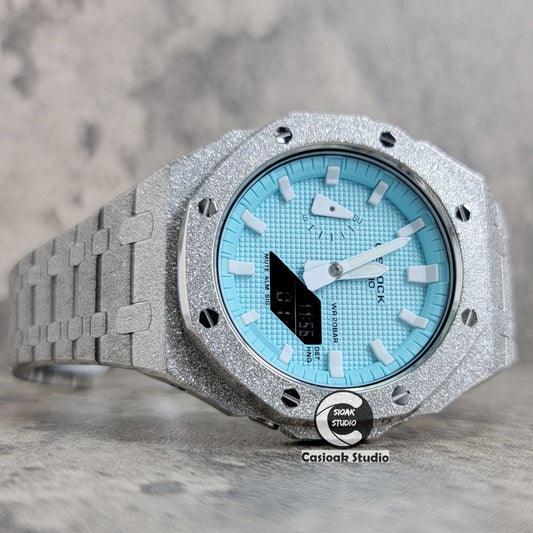 Casioak Mod Watch Frosted Silver Case Metal Strap Tiffany White Time Mark Tiffany Blue Dial 44mm - Casioak Studio