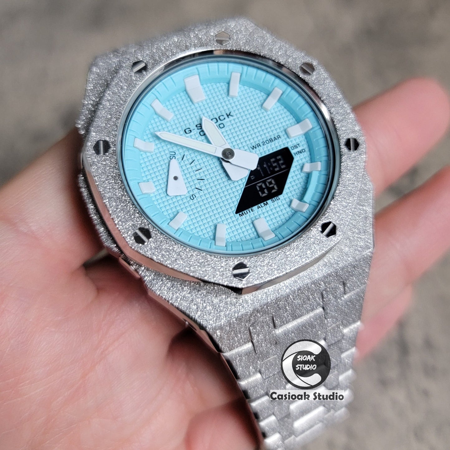 Casioak Mod Watch Frosted Silver Case Metal Strap Tiffany White Time Mark Tiffany Blue Dial 44mm - Casioak Studio