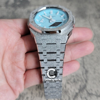 Casioak Mod Watch Frosted Silver Case Metal Strap Tiffany White Time Mark Tiffany Blue Dial 44mm - Casioak Studio