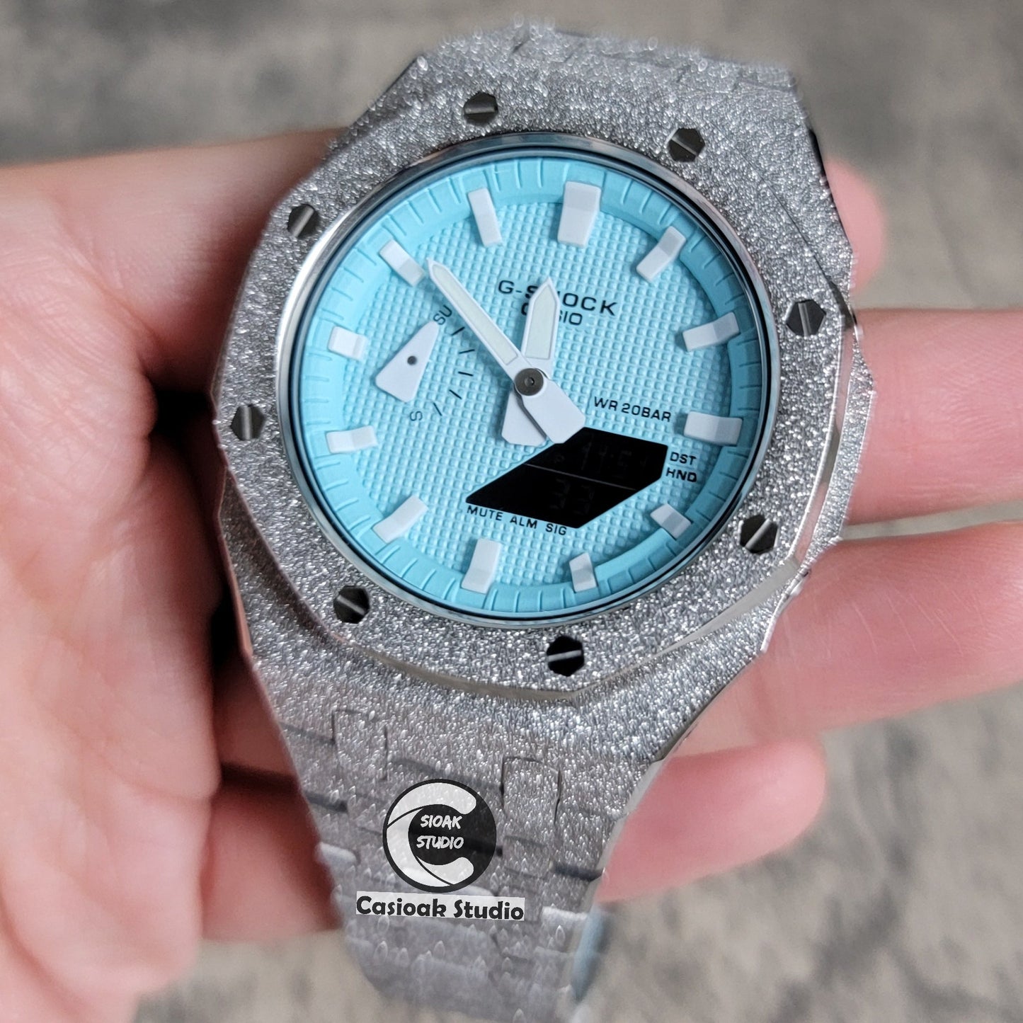 Casioak Mod Watch Frosted Silver Case Metal Strap Tiffany White Time Mark Tiffany Blue Dial 44mm - Casioak Studio